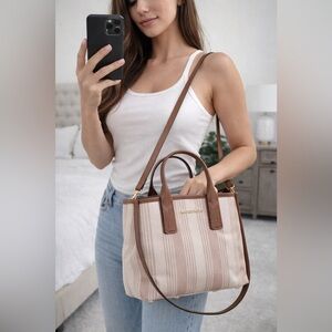 Michael Kors Neutral Stripe Canvas Tote with Brown Leather Trim